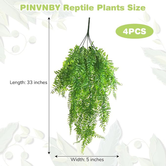 PINVNBY Reptile Plants Hanging Fake Vines Boston Climbing Terrarium Plant with Suction Cup for Bearded Dragons Lizards Geckos Snake Pets Hermit Crab and Tank Habitat Decorations (4 Pack)