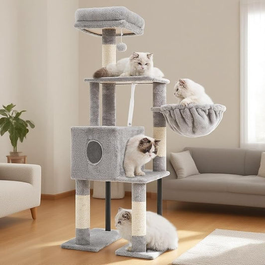 Heybly Cat Tree, 49.2 Inches Cat Tower for Indoor Cats, Spacious Cat House Condo with Hidden Space,Sturdy Steel Tube,Soft Plush Top Perch,Cozy Hammock and Sisal Scratching Posts, Light Gray HCT200SW
