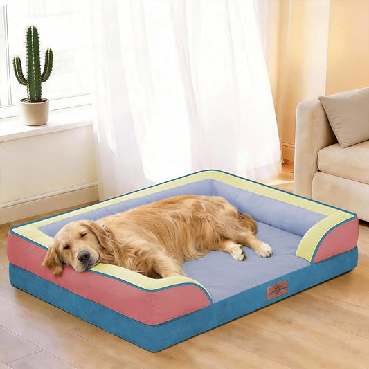 Comfort Expression Orthopedic Dog Bed for Large Dogs 36x27 Inch, Waterproof Egg Crate Foam Large Pet Bed with Removable Bolsters, Dog Couch with Washable Cover & Non-Slip Bottom, Funfetti Fiesta