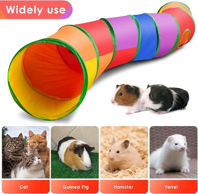 Ferret Guinea Pig Tunnel Collapsible Bunny Tube with 1 Play Ball 3 Ways Pet Rabbit Tunnels Hideout for Indoor Kitten Chinchilla Hamster Rat Small Pet Activity Fun Toys (Rainbow)