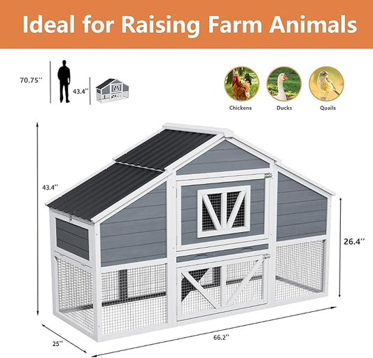 Large Duck Coop Outdoor with Run, Weatherproof 4-6 Chickens Hen House with Nesting Boxes, Wooden Rabbit Hutch Poultry Bunny Cage, Removable Tray for Easy Cleaning in Grey with White