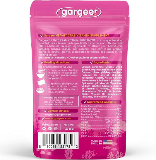 Gargeer 4oz Hermit Crab Multi-Vitamin Supplement. Premium Trace Minerals, Promote Growth, Exoskeleton Formation, Support Molting Process. Enjoy!