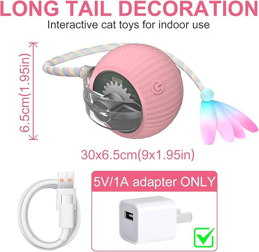 Interactive Cat Ball Toy Active Smart Rolling Balls Automatic Kitten Toys with Elastic Mesh Tail Rechargeability Motion Activated Pet Ball for Indoor Cats