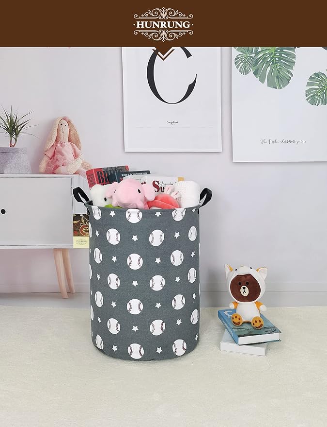 Collapsible Fabric Storage Basket, Waterproof Laundry Hamper with Handles, Round Storage Bin for Clothes Toys, Foldable Organizer for Bedroom Nursery Bathroom(Round-Grey Baseball)