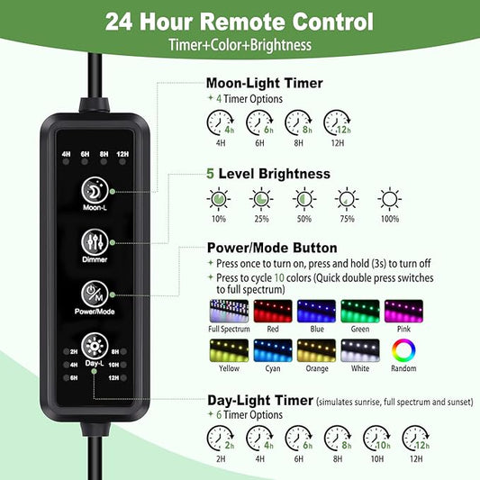 hygger LED Aquarium Light with Timer, 20W Full Spectrum Fish Tank Plant Growth Lamp, 24 H Remote Control, Adjustable Brightness & 10 Colors, Extendable Bracket, Power-Off Memory, Fits 18-24 Inch Tank
