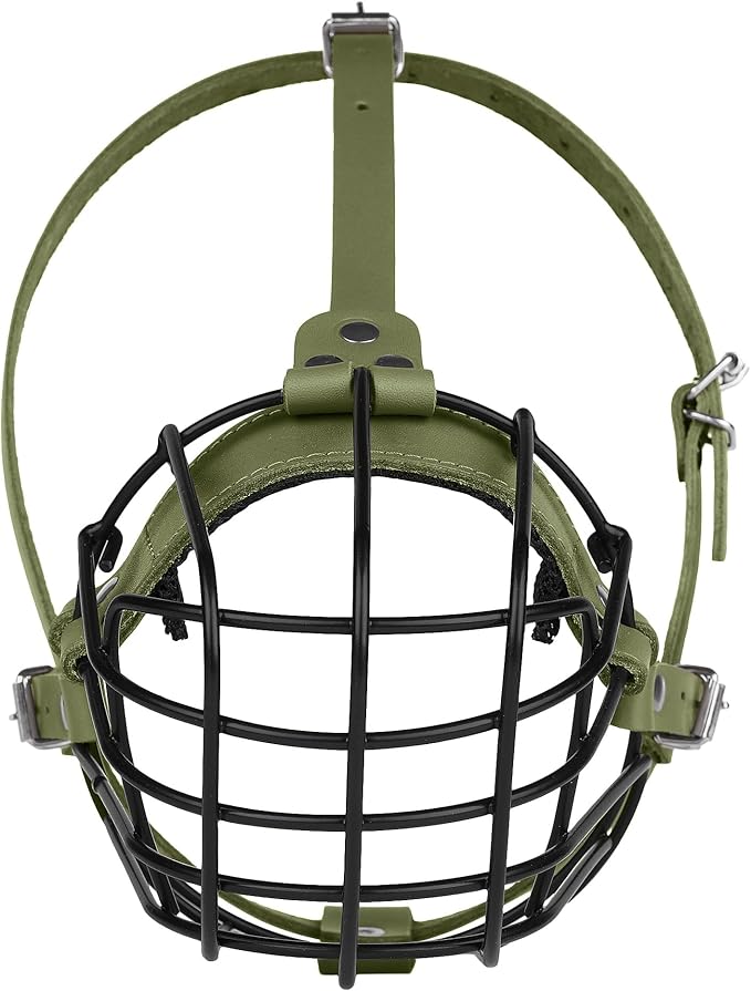 Pitbull Dog Muzzle Breathable Metal Basket for Large Dogs Amstaff Staffordshire Terrier Secure Wire Mask Adjustable Durable Leather Straps Biting Chewing Barking (Olive)