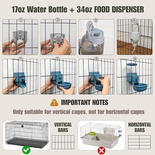 Automatic Pet Food Water Dispenser, Auto Gravity Pet Feeder Water Bottle Set for Crate Cage for Puppy Cat Rabbit Guinea Pigs Chinchilla Ferret Hedgehog (Blue)