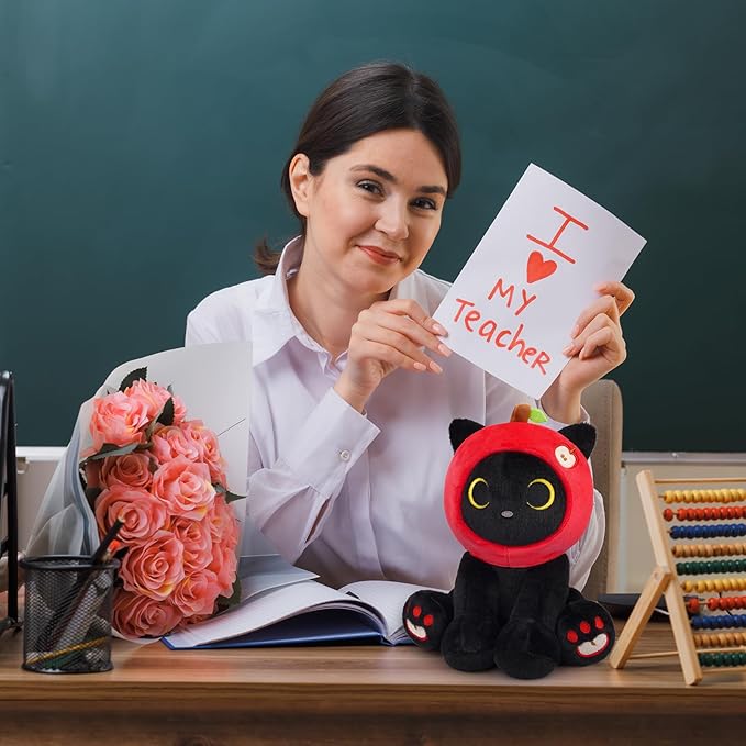 Black Cat Plush - 8inch Cute Stuffed Cat with Red Apple Hood, Teacher Gift Soft Kitten Plushie Toy for Kids Boys Girls, Creative Fruit Plush,