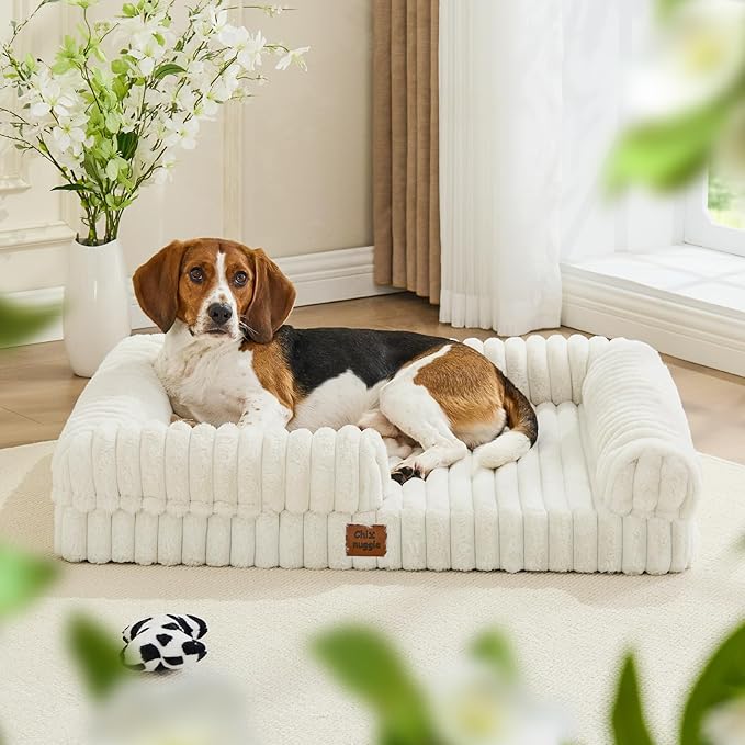 ChiXnuggle Orthopedic Dog Bed with Bolster Sides for Sleeping, Fluffy Plush Rectangular Dog Bed Large Sized Dog, Luxury Striped Faux Fur Waterproof Dog Couch with Removable Washable Cover, Cream