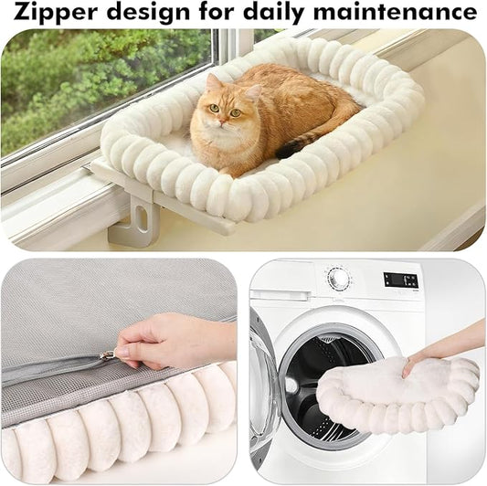 Zoratoo Cloud-Cuddle Cat Window Perch with 4-Sided Bolster, Zipper Design Cushion Window Seat for Window Sill, Sturdy Metal Frame & Easy Assembly Pet Hammock Bed for Indoor Cats (White, Medium)