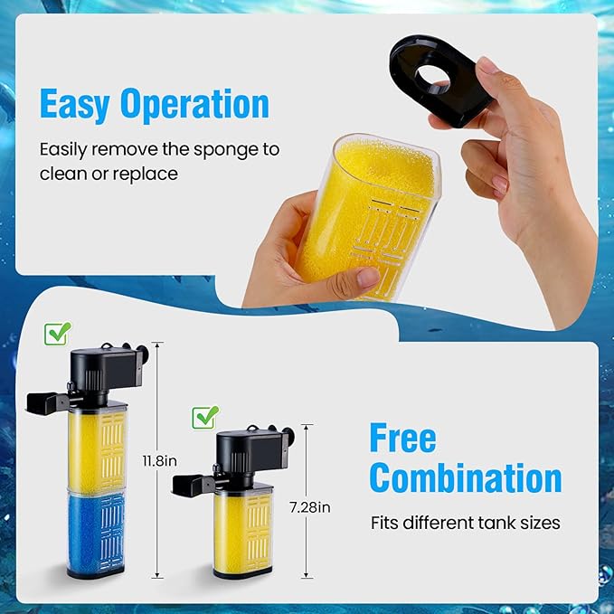 Fish Tank Filter, Ultra Quiet 400GPH Submersible Sponge Filter for 30~100 Gallon Aquariums – Easy-Clean Bio Sponge, Crystal Clear Water, Powerful Pump, Adjustable Airflow for Fish & Turtle Tanks