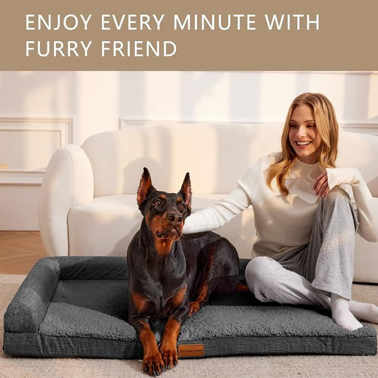 Patas Lague Orthopedic Jumbo Dog Bed for Extra Large Dogs 56''X40'', Waterproof L Bolster Jumbo Pet Sofa Beds with Removable Washable Cover, Soft Pet Couch Crate Mat with Nonskid Bottom, Dark Grey