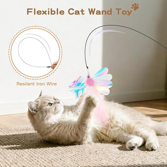Pawaboo Feather Teaser Cat Toy, Interactive Feather Wands Cats Toy Flying Feathers Cat Catcher with Extra Long 34.5" Wand and Small Bell, Exerciser Playing Toys, 1 Wand + 6 Feathers, Colorful