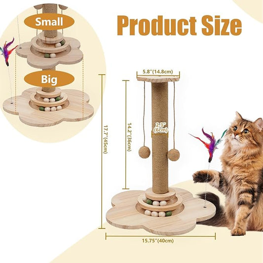 4 inch Wider Design for Large Cats Providing Greater Stability,4-in-1 Wooden Cat Scratcher Toy,Scratching Post&2-Level Track Tower with 8 Balls&2 Sisal Ball&2 Cat Wand Toy(15.8" L x 15.8" W x 19" H)