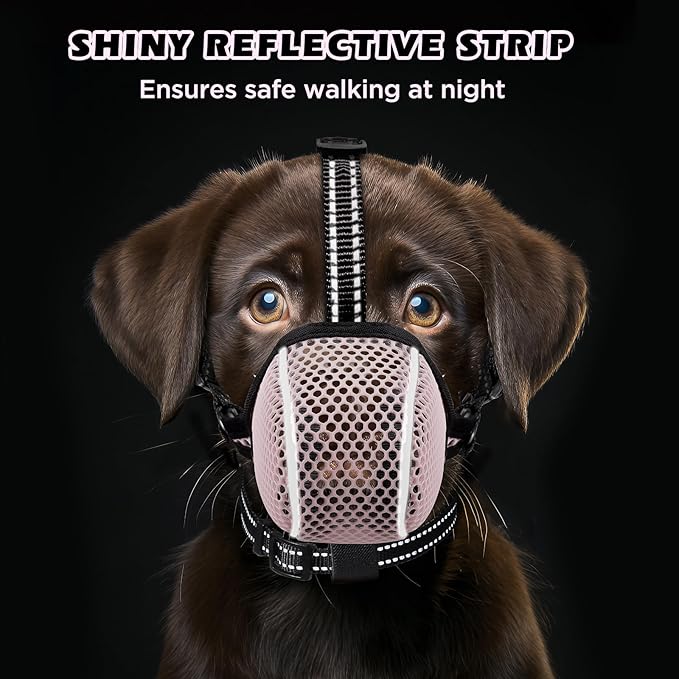 Dog Muzzle,Mesh Soft Muzzle for Small Medium Large Sized Dogs, Breathable Reflective Adjustable Puppy Muzzles with Collar for Scavenging Grooming Biting Chewing,Allows Panting and Drinking(Pink L)