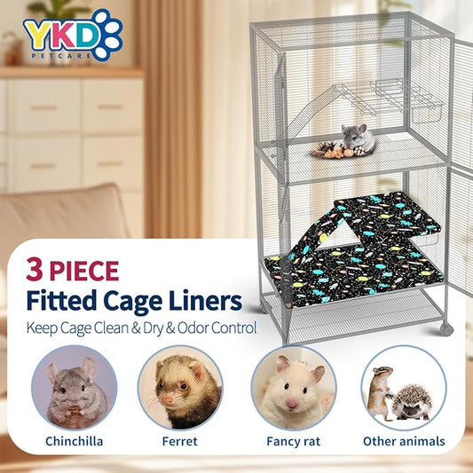 YKD Ferret Cage Liners for Ferret Nation & Critter Nation Cages, Waterproof Chinchilla Cage Accessories, Washable Bedding, for Ferrets, Chinchillas, Rats (Black, Bottom Pan Set)