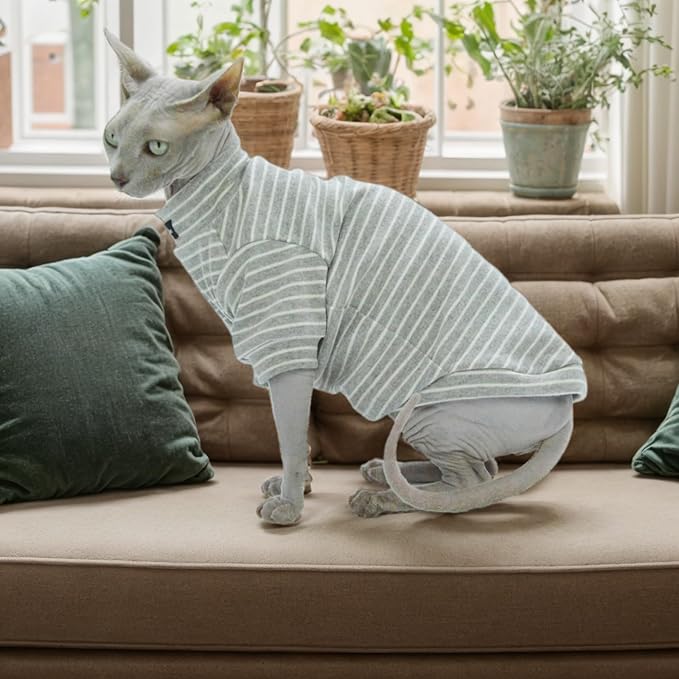 Sphynx Cat Sweater Hairless Cat Clothes Sweater Shirt Soft Warm Long Sleeves Pullover Pet Clothes Pajamas Dog Cloth for Small Dogs Jumpsuit Pet Sweaters (Striped, X-Large)