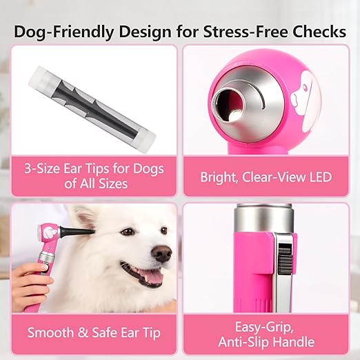 Pocket Veterinary LED Otoscope - Pet Ear Scope with Light for Dogs & Cats, 6 Disposable Tips (4/6/9mm), Portable Ear Infection Detector (Pink)
