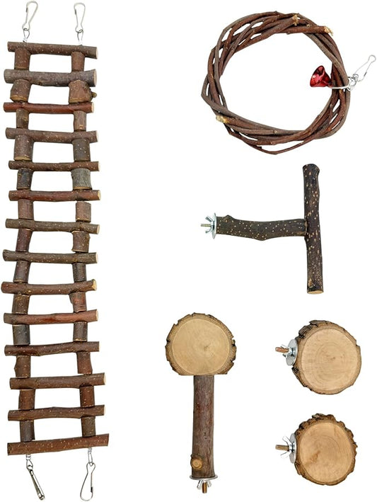 BNOSDM 6PCS Chinchilla Cage Accessories, Natural Wood Sugar Glider Climbing Bridge & Perch Platforms, Rat Enrichment Toys Set for Small Animals Squirrel, Gerbil, Hamster