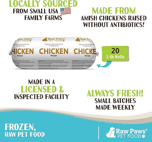 Raw Paws Signature Blend Pet Food for Dog & Cats - Chicken Recipe, 1-lb Rolls (20 Pack) - Fresh Made in USA, Natural Raw Diet Dog Food, Raw Frozen Dog & Cat Food - Meat Roll Dog Food Log