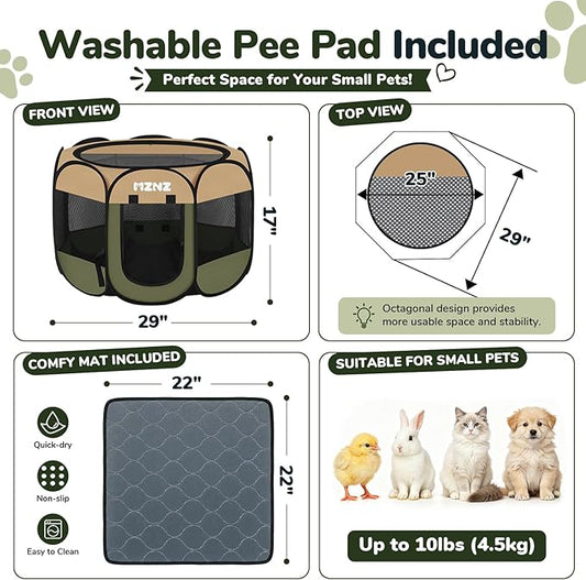 Dog Cat Playpen with Pee Pad, Portable Puppy Pet Crate Indoor for Small Dogs Cats Rabbits, Foldable Dog Cage Enclosure for Outdoor, Pop Up Dogs Tent Kennel with Carrying Case, Olive Green