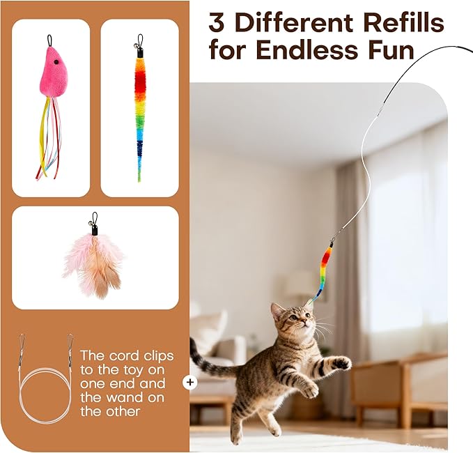Potaroma Carbon Fiber Cat Wand Toy – Lightweight Retractable Interactive Feather Teaser Stick with 6 Detachable Feathers, Indoor Kitten Fishing Pole Toy with Bells, Durable Enrichment Fun