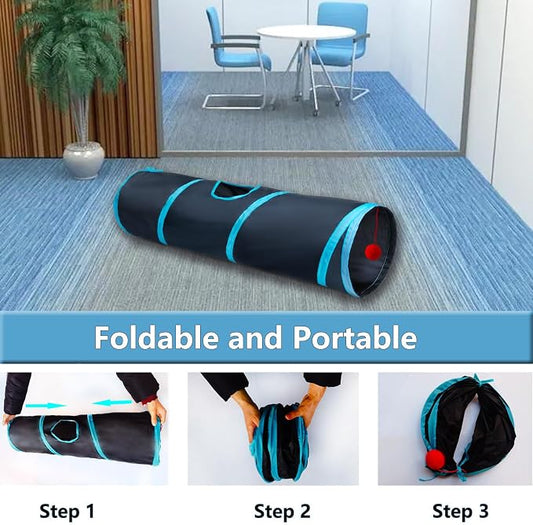 Cat Tunnel Tube Toys,Tunnels for Indoor Cats, 2 Way Blue Collapsible Interactive Toy with Balls for Rabbits, Kittens, Ferrets, Puppy