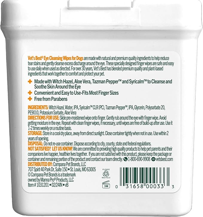 Vet's Best Eye Cleansing Wipes for Dogs, Gentle Tear Stain Remover For Dogs, Eye Wipes for Dogs with Aloe Vera & Witch Hazel (50 Count Dog Eye Wipes)
