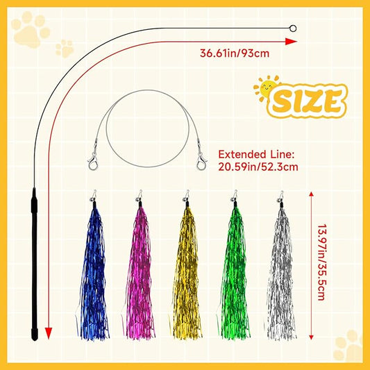 Andiker 7Pcs Cat Wand Toy, Cat Toy Set with 1 Long Steel Wand, 1 Double Headed Hook & 5 Crinkle Teaser Refills Stimulate Hunting Instincts Interactive Cat Toys for Indoor Cats and Kittens (Thin)