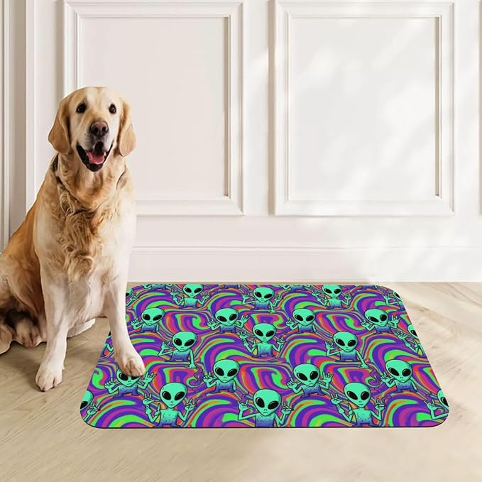 Dog Food Mat Cool Alien Tie Dye Dog Food Mat Non Slip Waterproof Dish Placemat