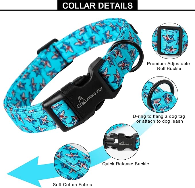 ARING PET Summer Dog Collar, Cute Blue Shark Pet Collars with Quick Release Buckle for Puppy Small Medium Large Boy Girl Dogs-M