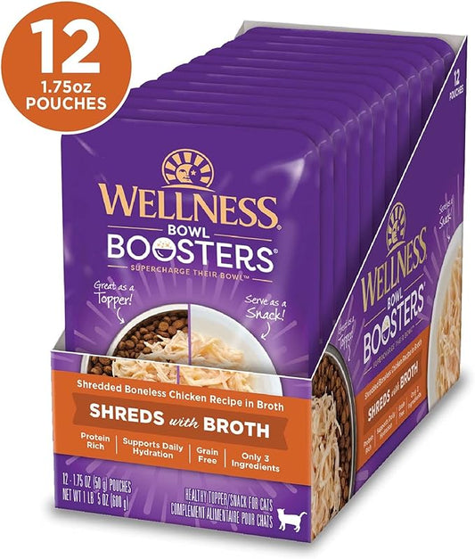 Wellness Bowl Boosters Shreds with Broth Wet Cat Food Topper, Grain Free, Natural, Chicken Recipe, 1.75 oz, Pack of 12 Pouches