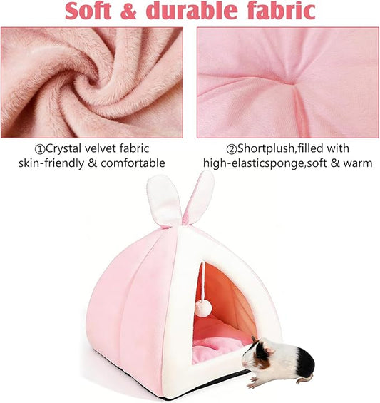 Fhiny Rabbit Bed Cave Cozy Guinea Pig Hideout Cute Bunny Bed Large House Winter Nest Dwarf Rabbit Cage Accessories for Chinchilla Ferret Hedgehog or Other Small Animals(Pink)