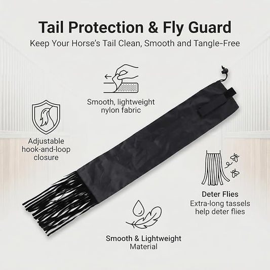 Horse Tail Bag with Fringe, Adjustable Nylon Horse Tail Protector with Fastener, Lightweight Water-Repellent Tail Bag for Braided Tail Protection, Grooming, Stable & Horse Show Use, Black