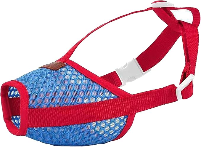 Basket Muzzle for Dogs, Prevents Biting Chewing Barking, Soft Breathable Design with Adjustable Strap, Allows Panting and Drinking, Great for Training Grooming Vet Visits (Red-Blue, Medium)