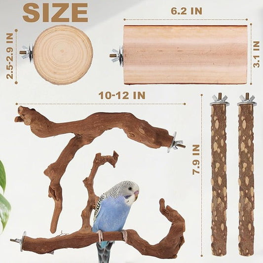 Parrot Perch Bird Perch Stand Set Natural Wild Wood Grape Sticks Paw Grinding Fork Parakeet Climbing Standing Branches Toys Cage Accessories for Conure,Cockatiels Lovebirds,Budgies Chewable 6PC