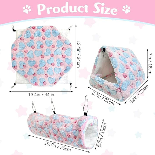 PINVNBY 3 PCS Ferret Rat Hammock Set Hanging Guinea Pig Hideout Bed Small Animals Tunnel Toy Ferret Cage Accessories for Hamster Squirrel Sugar Glider Chinchilla (Pink)
