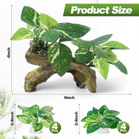 CousDUoBe 9 Pcs Fish Tank Decor,Silk Aquarium Plants Green Silk Leaf pad Hammock Artifical Driftwood cave Betta Fish Tank Accessories 6 x 3 x 4 inches(LxWxH)