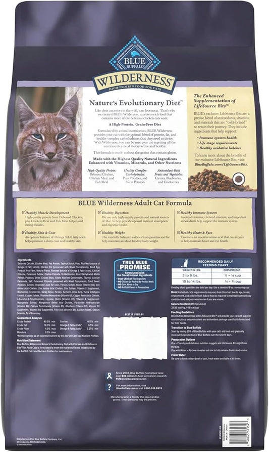 Blue Buffalo Wilderness High Protein Grain Free Dry Food for Adult Cats, 40% Protein, with Chicken, 15 lb. Bag