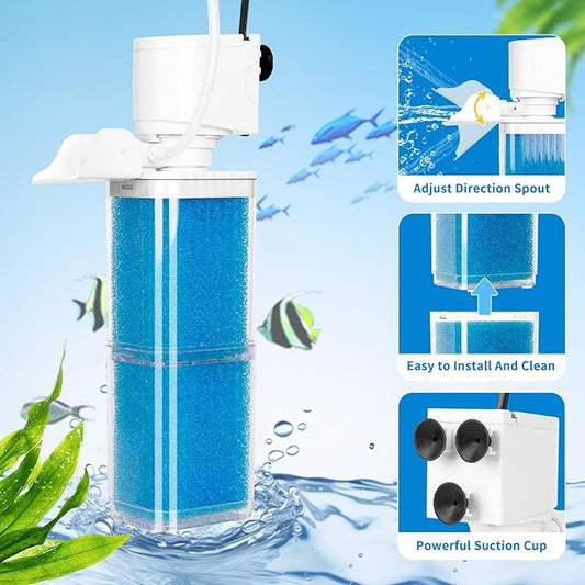 4-in-1 Aquarium Filter, 2 Stage Filtration Fish Tank Filters, Ultra Quiet Submersible Fish Filter with Adjustable Oxygenation Wavemaker, Water Circulation for 20-80 Gal Fresh/Salt Tank