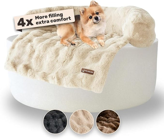 Pelsbarn Dog Bed for Couch, Luxurious Sofa Bed for Dogs with Non-Slip Oxford Bottom - Faux Rabbit Fur with Removable Cover, Small, Beige - 28x28 in