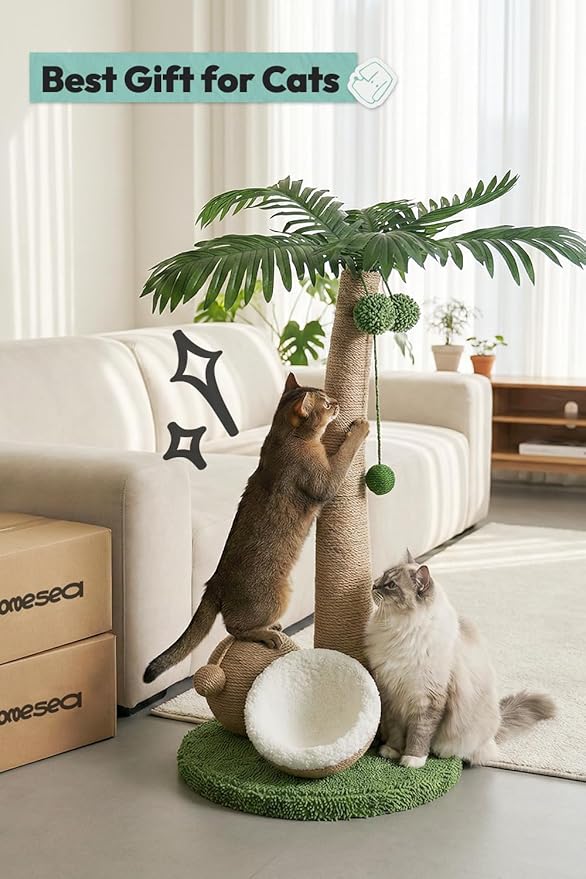 33" Tall Cat Scratching Post, Natural Jute Cat Scratcher for Indoor Cats,Twin Coconuts & Tree Design with Hanging Toy Ball & Rest Platform,Stable Furniture Protector for Kittens & Adult Cats,M