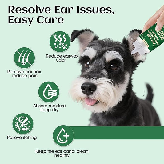 Dog Ear Hair Removal Tool – 30g Ear Powder, 5.5" Hemostat & Electric Dog Ear Trimmer – Helps Reduce Wax & Odor – Grooming Kit for Schnauzers, Poodles & Breeds with Ear Hair