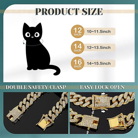 Xuniea 2 Pieces Cat Dog Chain Collar and Sunglasses Set Rhinestone Necklace with Secure Buckle Round Glasses for Doll Cat Dog Pet Accessories(8 Inch,Gold, Black)