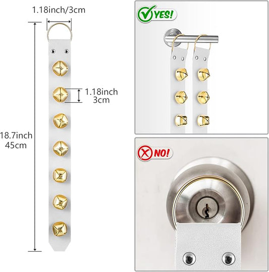 Frienda Hanging Jingle Sleigh Bells 7-Bell Dog Doorbells for Door Knob Faux Leather Belts Go Outside Dog Bells Christmas Decor and Holiday Decorations, 18.7 x 1.8 x 1 Inches(White with Gold)