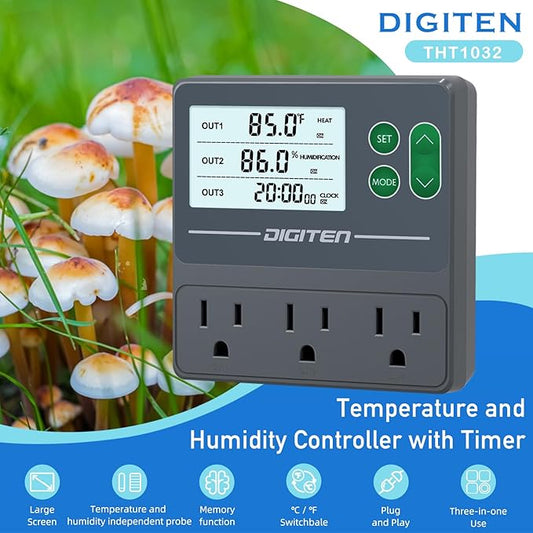 DIGITEN Temperature and Humidity Controller with Timer,3 Outlet Dual Probes | 3-Stage Outlet Control Temp,Humidity & Timer Separately,Digital Thermostat Outlet for Reptile,Aquariums,Mushroom,Greenhouse