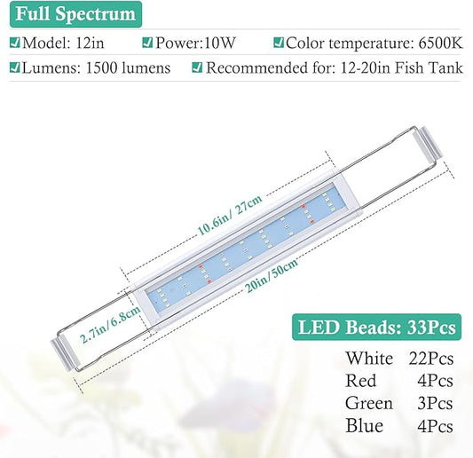HITOP Full Spectrum LED Aquarium Light – 12” 16” 24” 32” Classic Fish Tank Light with RGB LEDs, with Timer and Stable Extendable Brackets (12-20in)