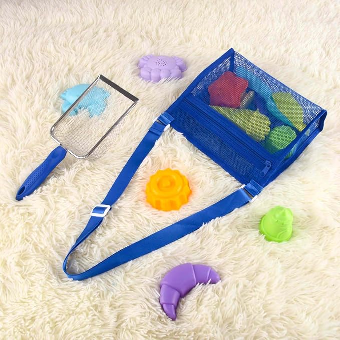MUYIZI Beach Mesh Shovel with Mesh Shell Bags, Kids Filter Sand Scooper for Picking Up Shells,Shark Tooth Sifter Dipper for Boys and Girls,Beach Toys Accessories (Sapphire Blue)