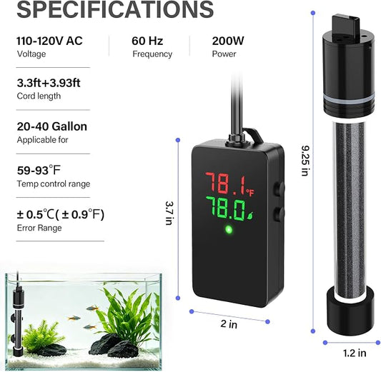 hygger 200W Aquarium Heater for 20–40 Gallon Tanks, ±0.5°C Precise Temperature Control, Dual Probe, External Controller, Overheat & Dry-Run Protection, for Freshwater & Saltwater