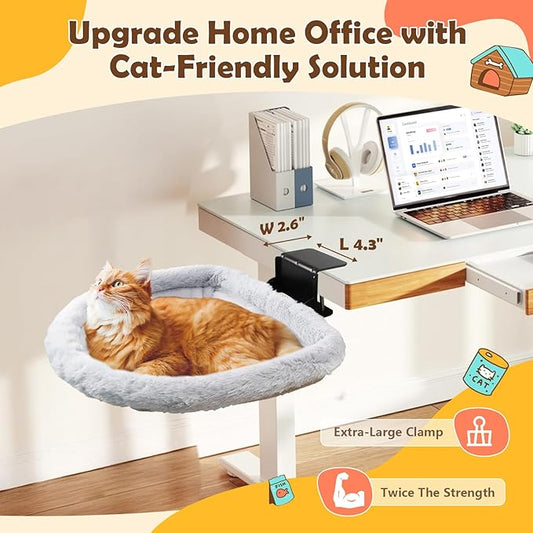 Stable Cat Desk Bed with Heavy-Duty Clamp | Sunken Hammock Design & Faux Rabbit Fur for Comfort, Removable & Washable Bed, Holds Up to 40lbs, Space Saving Cat Perch for Home Office